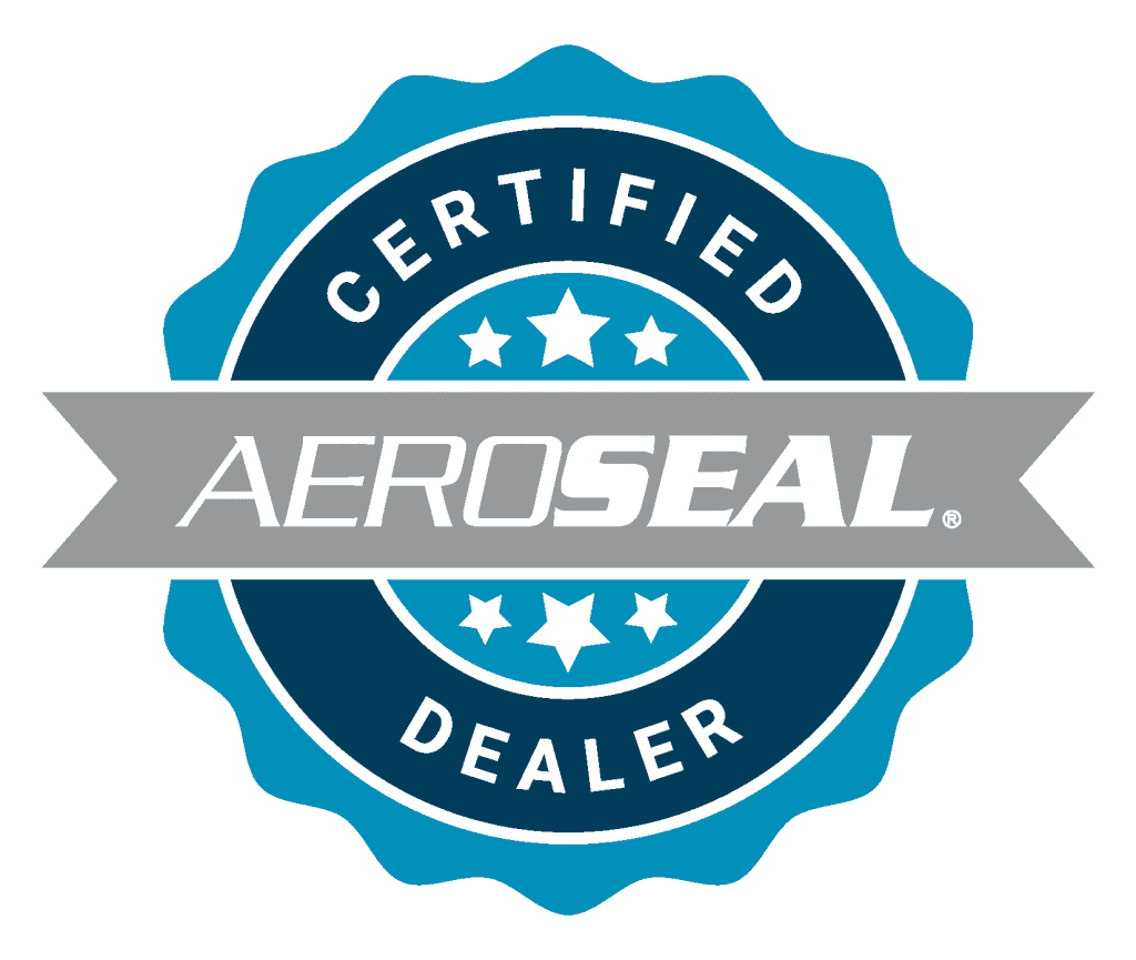 Logo of Aeroseal Certified Dealer with a blue circular badge, a grey ribbon across the center displaying the Aeroseal name in white, representing expertise in HVAC and A/C repair.