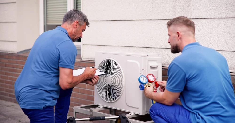 Two technicians in blue uniforms diligently perform air conditioning maintenance in Sarasota. One takes notes while the other adjusts the pressure gauges on an outdoor unit, positioned near a brick and stucco wall.